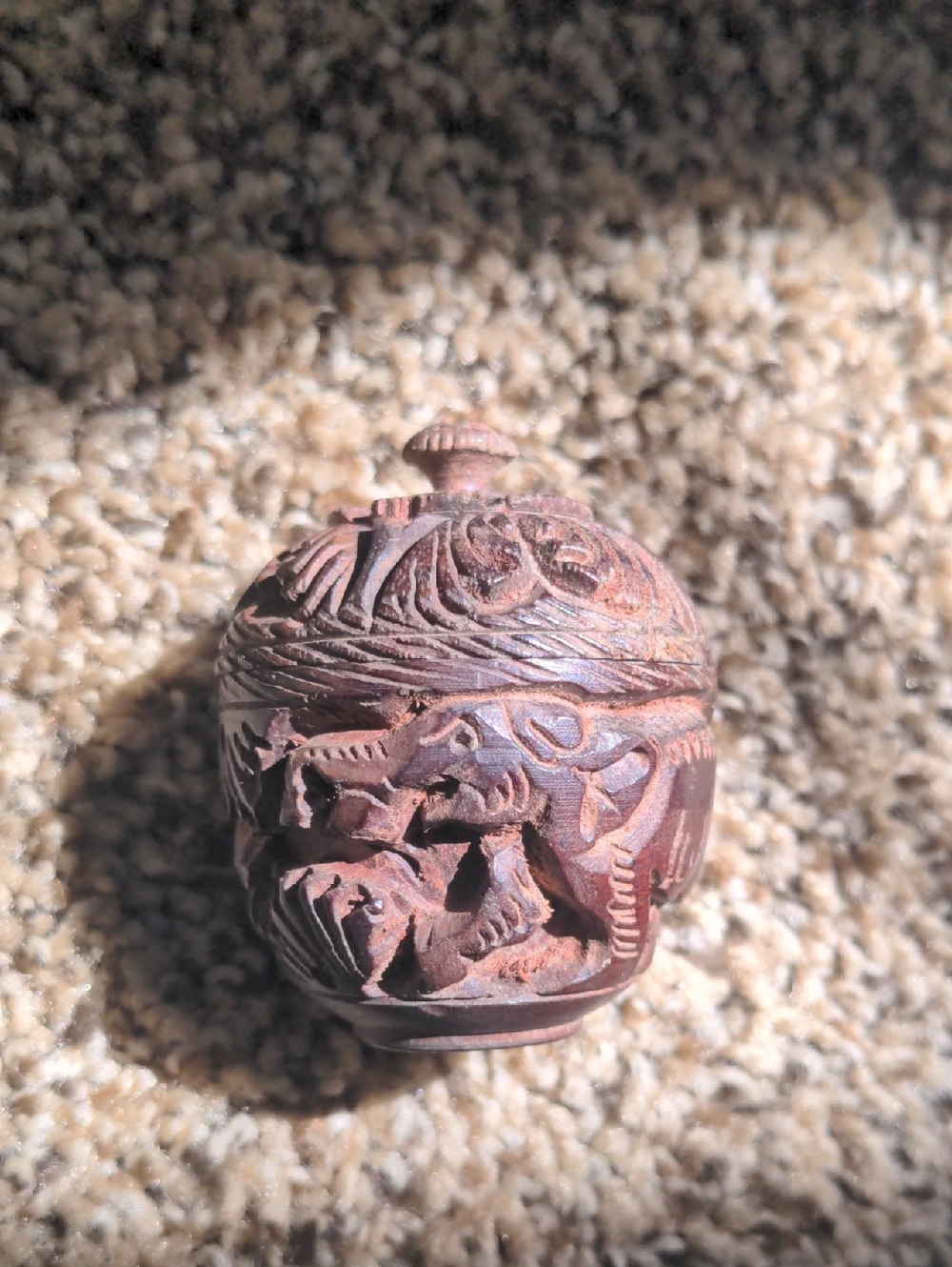 Hand-Carved Decorative Lidded Small Jar With Secret Screw Off Top Elephant